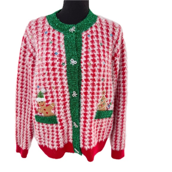 Blizzard Bay Christmas Cardigan Sweater Fuzzy Red/White Herringbone Size Large - Picture 1 of 17